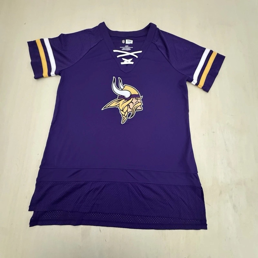 NFL Minnesota Vikings Jersey Tunic Top Lace Up Purple Gold White Womens L NWOT